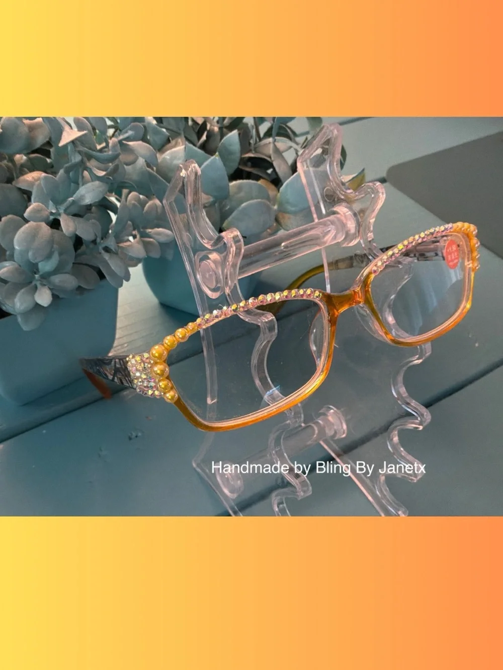 Handmade Crystal-Embellished Reading (+1.50) Glasses - Yellow